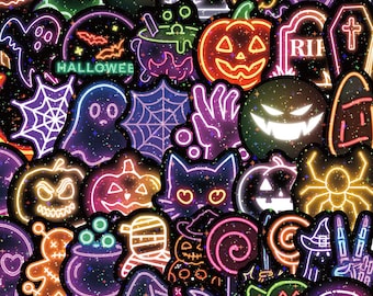 50Pcs Neon Halloween Stickers, Waterproof Vinyl Spooky Decals for Water Bottle, Laptop, Phone Case, 2 Inch Cute Goth Planner Stickers