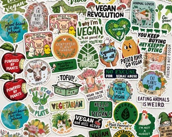 50 Pcs Vegan Stickers Pack, Plant Based Vegetarian Vinyl Decals, Animal Rights Waterproof Stickers for Water Bottle & Laptop