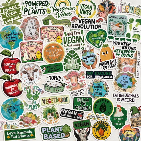 50 Pcs Vegan Stickers Pack, Plant Based Vegetarian Vinyl Decals, Animal Rights Waterproof Stickers for Water Bottle & Laptop