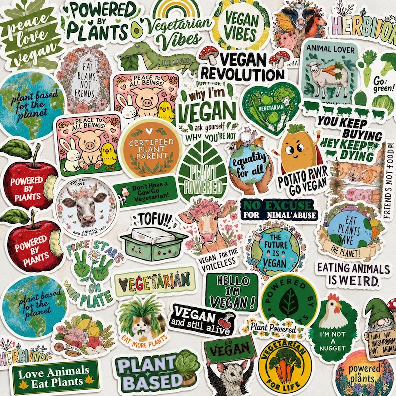 May include: A collection of assorted vinyl stickers featuring various plant-based, vegan, and animal rights themes. The stickers display colourful illustrations of animals, vegetables, and earth motifs, accompanied by text slogans like Vegan Vibes, Plant Powered, and Eat Plants Save The Planet.