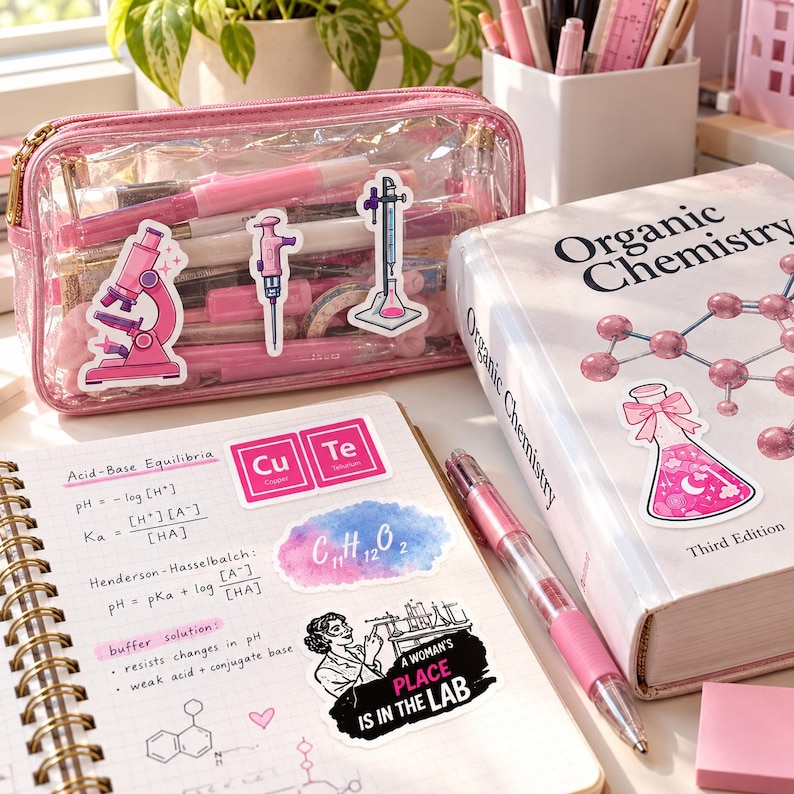 Cute Pink STEM Stickers 50pcs Chemistry Biology Lab Tech Decals ...