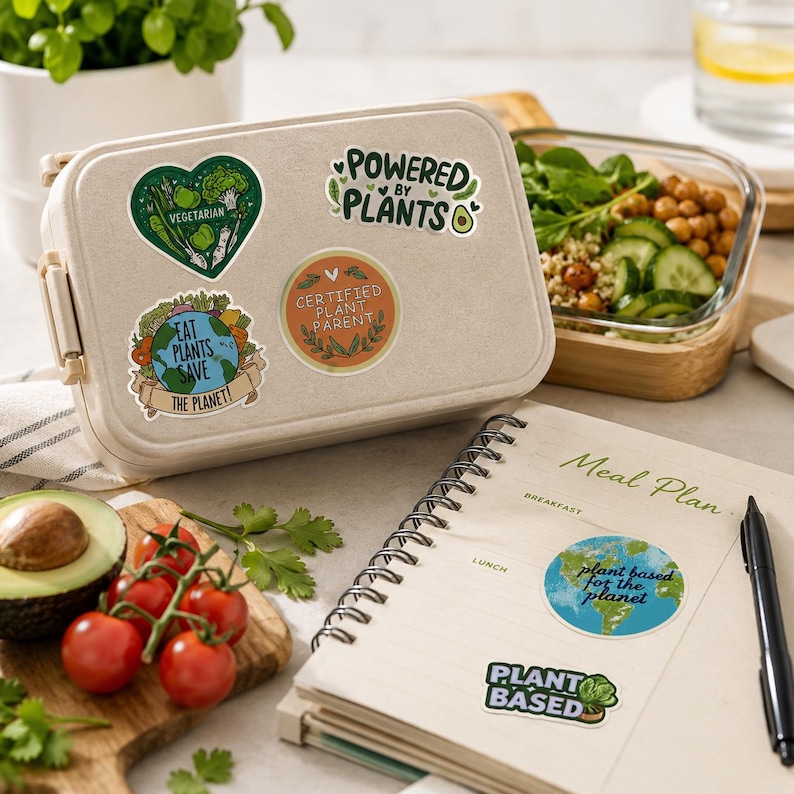May include: A beige rectangular lunch box decorated with four stickers: a heart-shaped vegetable illustration, a 'POWERED BY PLANTS' text sticker, an 'EAT PLANTS SAVE THE PLANET' globe sticker, and a 'CERTIFIED PLANT PARENT' circular sticker.