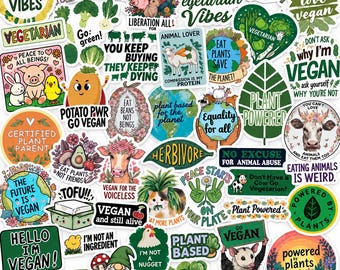 50 Pcs Vegan Stickers Pack, Plant Based Vegetarian Vinyl Decals, Animal Rights Waterproof Stickers for Water Bottle & Laptop