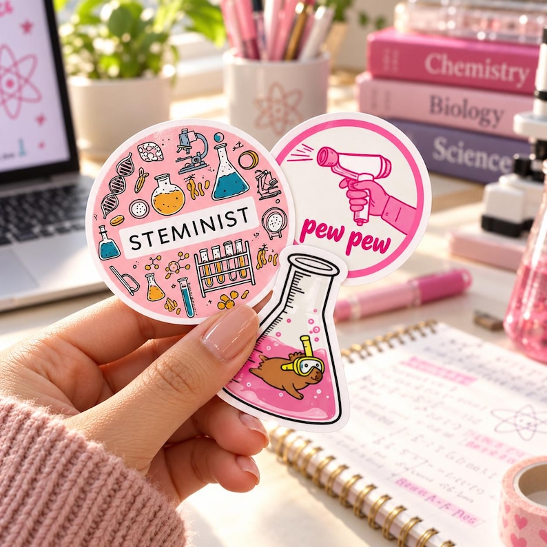 Stickers That Involves Science Cute Pink STEM Stickers 50pcs Chemistry Biology Lab Tech Decals ...
