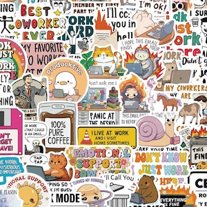 Puede incluir: Una colección de pegatinas de vinilo coloridas con varias ilustraciones de oficina, animales de dibujos animados y textos humorísticos como "Best Coworker Ever", "100% Pure Coffee", "Panic at the Desk" y "I Live at Work and I Visit Home Sometimes."