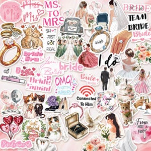 May include: A collection of wedding-themed stickers featuring illustrations of brides, engagement rings, cats in wedding attire, bouquets, champagne glasses, and text including "Bride Era," "Team Bride," "I do," "Just Married," and "Miss to Mrs."