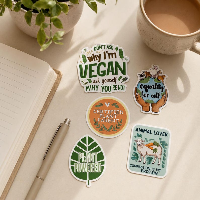 50 Pcs Vegan Stickers Pack, Plant Based Vegetarian Vinyl Decals, Animal Rights Waterproof Stickers for Water Bottle & Laptop image 9