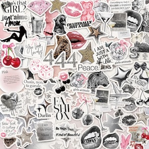 May include: A collection of assorted stickers featuring pink and black-and-white designs, including leopard prints, disco balls, cherries, lips, stars, and text phrases like Who's that GIRL, 444, I'm literally just a girl, and New York is calling.