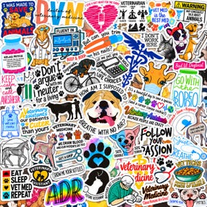 May include: A collection of colorful vinyl stickers featuring veterinary themes, including illustrations of dogs, cats, horses, and medical equipment like stethoscopes and IV bags, with various humorous text slogans about animal care and veterinary medicine.