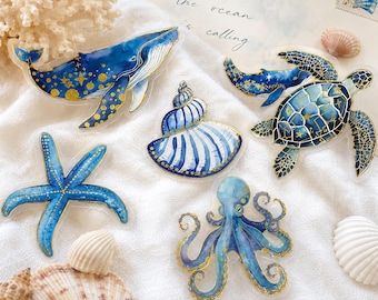 50 Pcs Clear Ocean PET Stickers, Gold Foil Marine Life Decals, Watercolor Sea Animal Sticker Pack for Scrapbooking, Resin Crafts, Journal