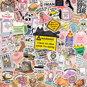 Paquete de 50 pegatinas divertidas sobre salud mental, calcomanías de vinilo impermeables para botellas de agua, portátiles y agendas, con frases sarcásticas de memes, lindos animales (gato y perro).
