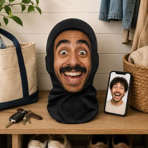 May include: A black fabric balaclava featuring a high-resolution, realistic photographic print of a smiling person with a moustache. The head covering is shaped to fit snugly around the face, displaying wide eyes and an open-mouthed expression.