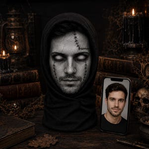 Helmask med stretchnät och foto, skräckfestivalmask, cosplay-kostymtillbehör i stretchnät, halloweenpresent