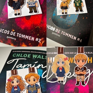 Puede incluir: Cuatro juegos de dos marcapáginas ilustrados con personajes estilo chibi con uniformes escolares y camisetas deportivas, colocados sobre portadas de libros de Chloe Walsh de la serie Tommen, incluyendo títulos como Keeping y Taming.
