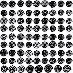 Puede incluir: Una colección de plantillas de flores de papel negro dispuestas en una cuadrícula. Cada pieza individual presenta un diseño en espiral con varios estilos de borde, incluidos patrones lisos, festoneados y dentados, destinados a crear flores en 3D.