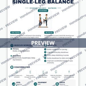 May include: A white Pilates exercise library poster titled Single-Leg Balance. It features a central illustration of a person performing the movement, sections for start and end positions, muscles worked, benefits, coaching cues, level, and equipment.