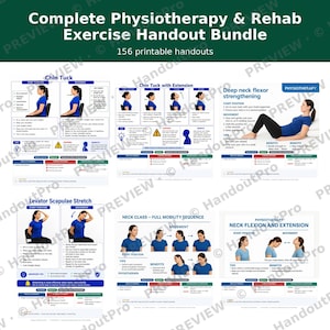 Puede incluir: Un paquete digital de 156 folletos imprimibles de ejercicios de fisioterapia y rehabilitación. Los documentos incluyen diagramas instructivos, texto y guías paso a paso para estiramientos de cuello, retracciones cervicales y fortalecimiento.