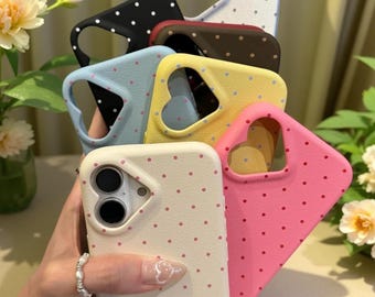 Korean Leather Heart Camera iPhone Case, Soft TPU Protection, Polka Dot Design