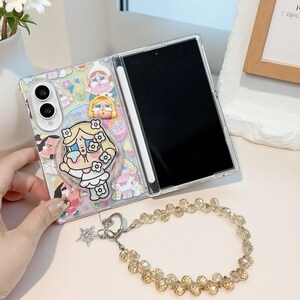 Cartoon Cry Girl magnetische telefoonhoes met standaard en ketting voor Samsung Galaxy Z Fold 5-8 Ultra