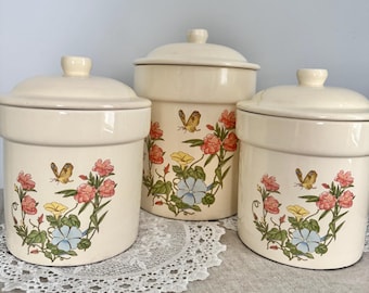 Vintage Treasure Craft Canister Set | 1970s Wildflower Butterfly Ceramic Kitchen Jars
