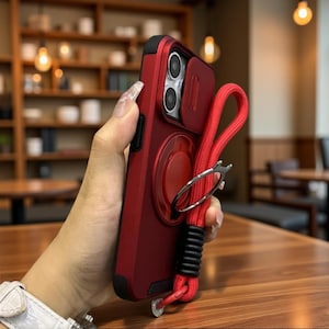 May include: A deep red smartphone case featuring a sliding camera lens cover, a circular magnetic ring on the back, and a matching red woven wrist strap with a black textured grip section and a silver metal ring attachment for secure handling.