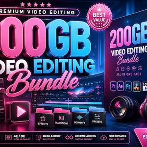 Może przedstawiać: Cyfrowy pakiet produktów zatytułowany 200GB Video Editing Bundle z neonowym różowym i niebieskim tekstem, czarnym klapsem filmowym, obiektywem aparatu, słuchawkami i ikonami oprogramowania. Projekt zawiera etykiety efektów, przejść i dźwięków.