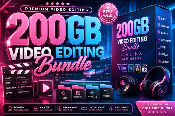 200GB Video Editing Bundle | Drag n Drop | Premiere Pro, CapCut, After Effects | LUTs, SFX, Templates, Overlays & VFX Pack Digital Download