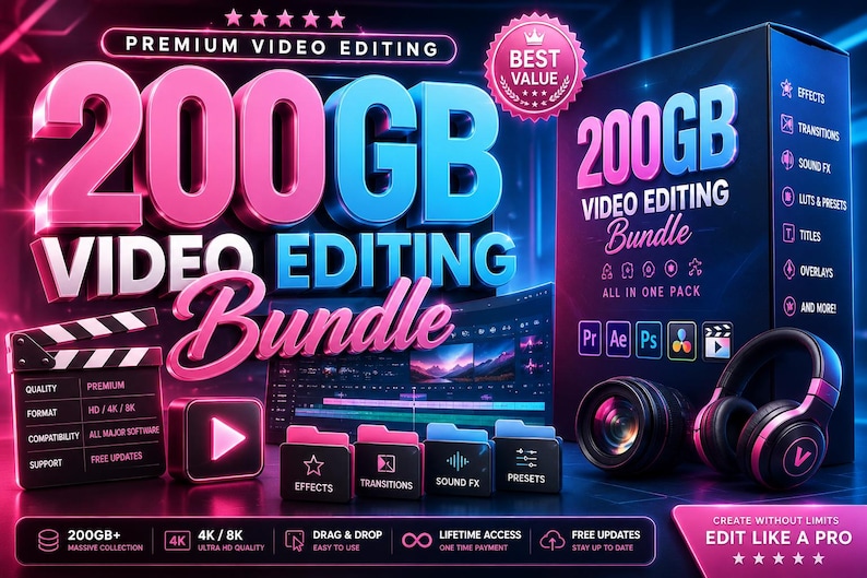 May include: A digital product package titled 200GB Video Editing Bundle featuring neon pink and blue text, a black clapperboard, a camera lens, headphones, and software icons. The design includes labels for effects, transitions, and sound FX.