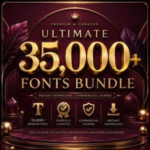 Puede incluir: Un gráfico digital con el texto "PREMIUM & CURATED ULTIMATE 35,000+ FONTS BUNDLE" en letras doradas sobre un fondo burdeos oscuro. Incluye iconos para fuentes, una insignia, un escudo y una flecha de descarga con texto descriptivo.