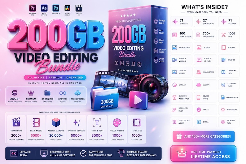 May include: A 200GB video editing bundle featuring a large box, a film strip, a camera lens, and a blue folder. The graphic displays text including '200GB VIDEO EDITING BUNDLE', 'WHAT'S INSIDE?', and lists various digital assets, categories, and features.
