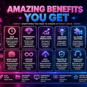 May include: A digital graphic display featuring the text AMAZING BENEFITS YOU GET, showcasing ten icons with labels including Save Massive Time, Professional Quality, Boost Your Productivity, Unlimited Creativity, All In One Solution, More Value For Money, Lifetime Access, Free Updates, Trusted By Creators, and Dedicated Support.