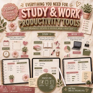 May include: A digital sticker collection for study and work productivity featuring planners, task lists, and icons like books, laptops, and plants. The set includes daily, study, and work plan templates with text labels in a soft pink and green color palette.