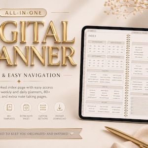 May include: A digital planner displayed on a tablet screen showing an index page with various categories. The text reads ALL-IN-ONE DIGITAL PLANNER QUICK & EASY NAVIGATION. Icons represent features like hyperlinked pages and templates.