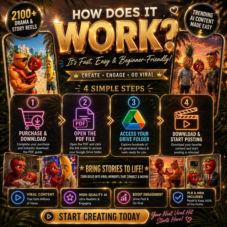 May include: A digital infographic titled HOW DOES IT WORK? featuring gold text, neon icons, and four steps for using AI-generated content. It includes images of anthropomorphic fruit characters and text explaining the purchase and download process.