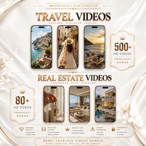 May include: A digital bundle advertisement featuring text labels for Travel Videos and Real Estate Videos. It displays six smartphone screens showing various scenes, two decorative badges with star ratings, and a bottom banner with icons.