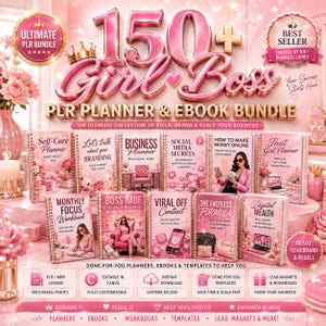 May include: A digital bundle featuring 150+ Girl Boss PLR planners and ebooks. The graphic displays various spiral-bound books with pink floral themes, including titles like Self-Care Planner, Business Planner, and Digital Wealth, plus icons for Canva.