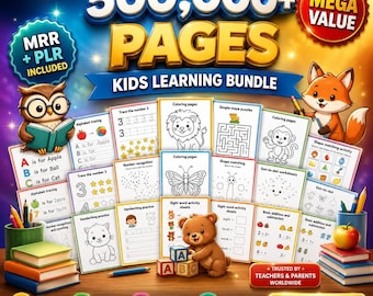 500,000+ Kids Educational Bundle PLR MRR | Coloring Pages, Printable Worksheets, Homeschool Learning Games