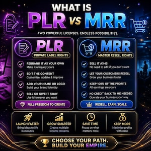 May include: An infographic titled WHAT IS PLR VS MRR comparing Private Label Rights and Master Resell Rights. The purple PLR section lists rebranding, editing, and selling options. The blue MRR section highlights selling as-is and keeping profits. Bottom text reads CHOOSE YOUR PATH. BUILD YOUR EMPIRE.