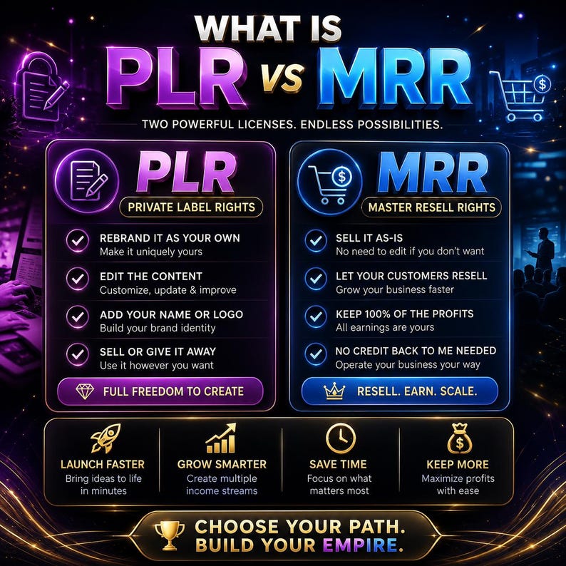 May include: An infographic titled WHAT IS PLR VS MRR comparing Private Label Rights and Master Resell Rights. The purple PLR section lists rebranding, editing, and selling options. The blue MRR section highlights selling as-is and keeping profits. Bottom text reads CHOOSE YOUR PATH. BUILD YOUR EMPIRE.