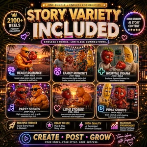 May include: A digital marketing graphic titled STORY VARIETY INCLUDED featuring 2100+ reels. It displays six panels with anthropomorphic fruit characters in various scenes like beach romance, family moments, hospital drama, party scenes, and love stories.