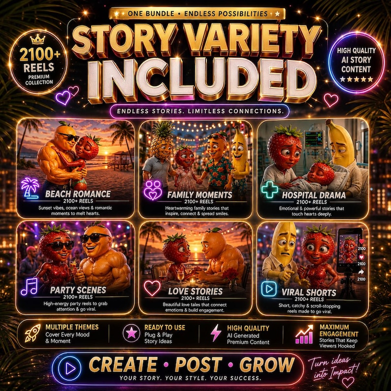May include: A digital marketing graphic titled STORY VARIETY INCLUDED featuring 2100+ reels. It displays six panels with anthropomorphic fruit characters in various scenes like beach romance, family moments, hospital drama, party scenes, and love stories.