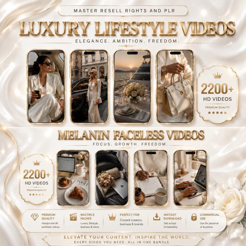 May include: A digital bundle of luxury lifestyle and melanin faceless videos featuring over 4400 HD clips. The graphic displays gold text on a cream satin background, showcasing various scenes of travel, fashion, and work, with icons for quality and usage.