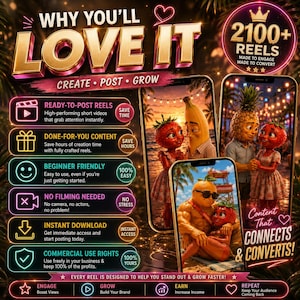 May include: A digital marketing graphic titled WHY YOU'LL LOVE IT featuring 2100+ REELS, showcasing three smartphone screens displaying anthropomorphic fruit characters in beach settings, with neon-style text lists detailing content features.