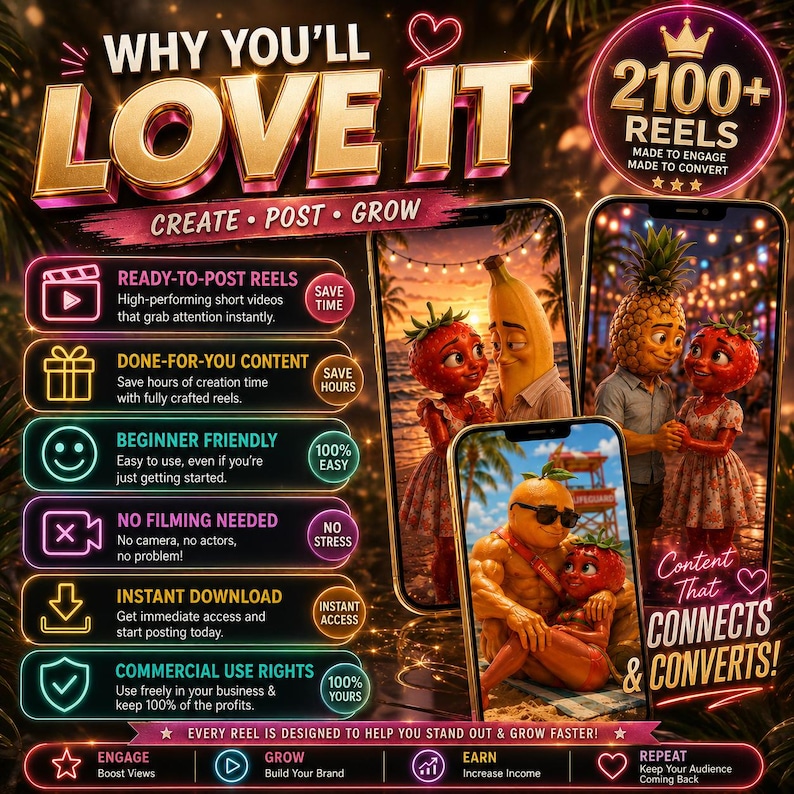 May include: A digital marketing graphic titled WHY YOU'LL LOVE IT featuring 2100+ REELS, showcasing three smartphone screens displaying anthropomorphic fruit characters in beach settings, with neon-style text lists detailing content features.