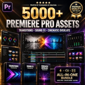 Peut inclure: Une collection numérique de plus de 5000 ressources Premiere Pro incluant des transitions, des effets sonores et des superpositions cinématiques. L'écran affiche un logiciel de montage vidéo, divers panneaux d'interface et trois boîtes étiquetées Transitions, Sound FX et Cinematic Overlays.