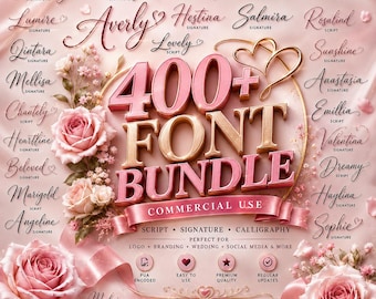 May include: A digital graphic featuring the text 400+ FONT BUNDLE in large, metallic pink and gold 3D letters. The design is surrounded by soft pink roses, ribbons, and a list of various script font names, with icons for PUA encoded and quality.