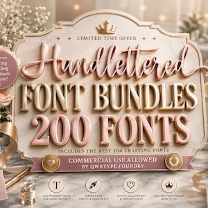 Könnte beinhalten: Eine Werbetafel für ein handgeschriebenes Schriftartenpaket mit 200 Schriftarten. Das zentrale Schild zeigt goldene und roségoldene 3D-Schriftzüge auf einem Marmorhintergrund. Um das Schild herum sind verschiedene Musterkarten mit Schriftstilen.