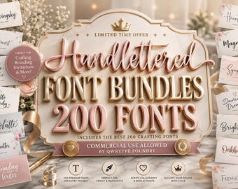 200+ Mega Fonts Bundle | Handwritten, Calligraphy, Wedding, Valentine, Branding, Cricut & Procreate, Cursive, Commercial (Instant Download)