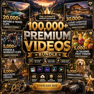 Puede incluir: Un gráfico promocional digital para un paquete de más de 100,000 videos premium. El diseño en tonos dorados presenta categorías que incluyen naturaleza, estilo de vida de lujo, fitness, frutas parlantes con IA, visuales estéticos e iconos de software.