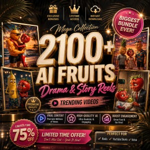 May include: A digital promotional graphic for a collection of 2100+ AI-generated fruit character videos. The image features gold text, multiple framed scenes of anthropomorphic fruit characters, and badges indicating a 75% off limited time offer.